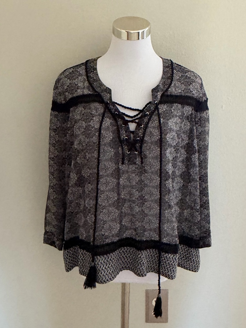 The Kooples Size Large Black & Gray Lace-Up Patterned Sheer Blouse Boho Flowy - Picture 2 of 14